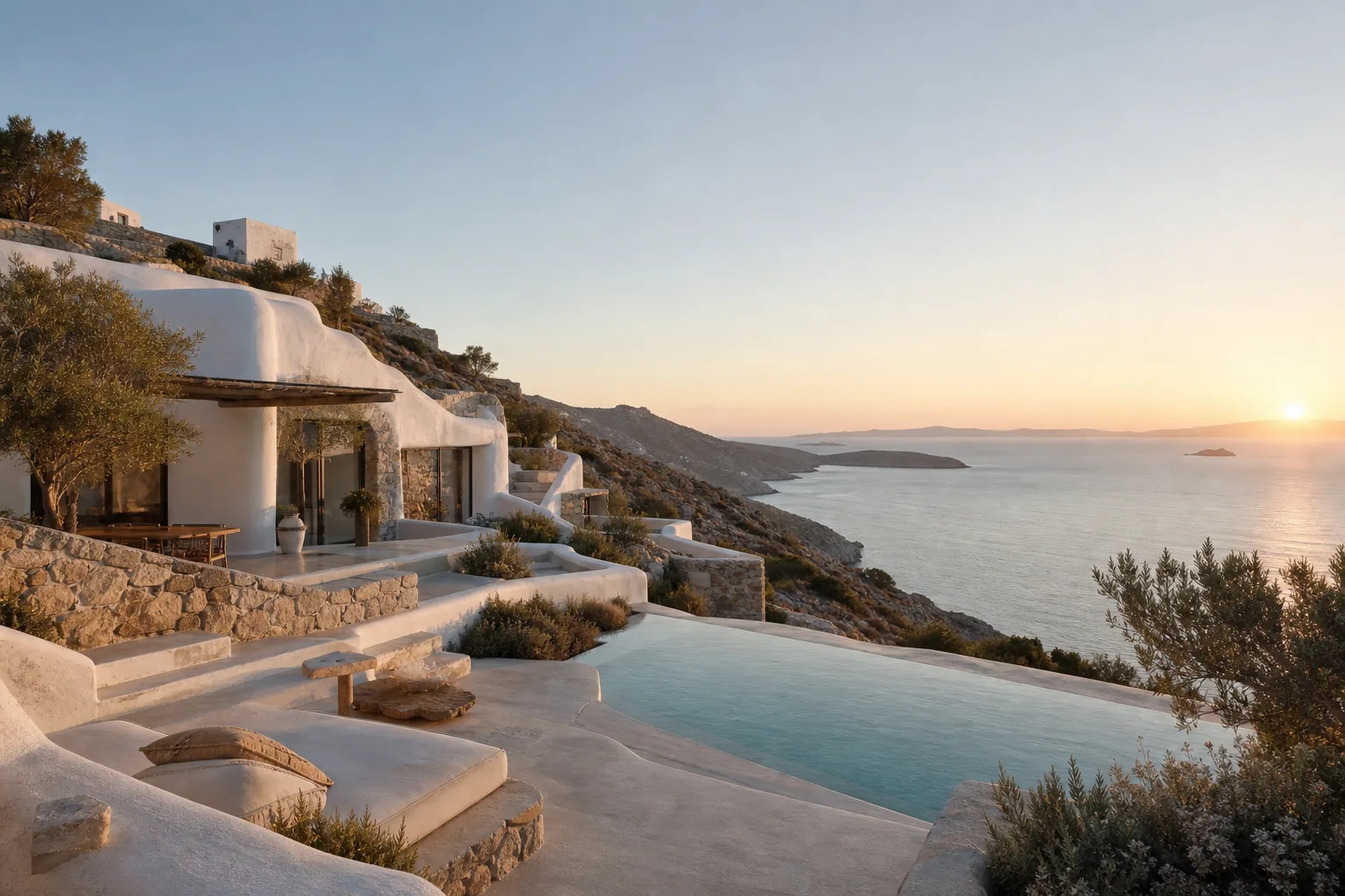 Villa Eos — white houses stepping down to the morning sea