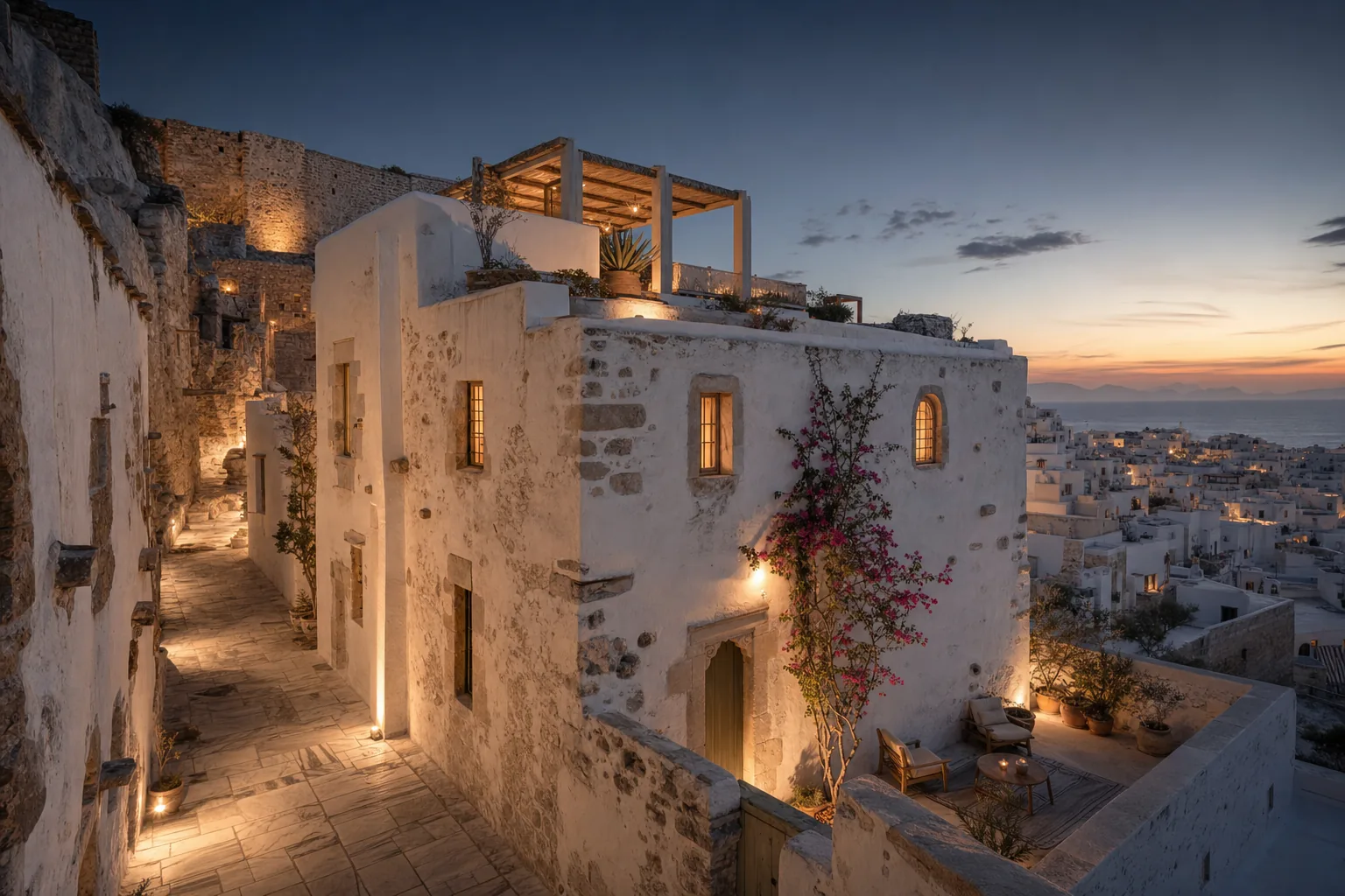 Villa Selene — whitewashed lanes and bougainvillea in the Kastro