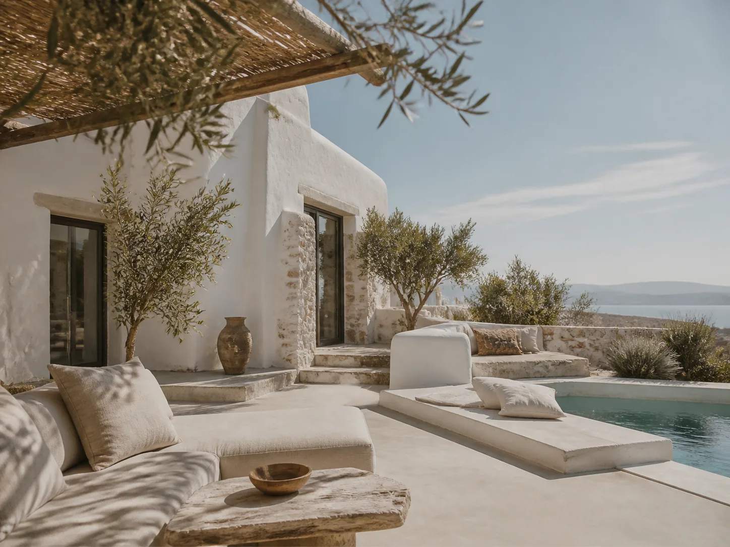 A villa terrace glowing at dusk